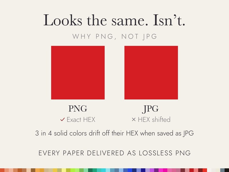 May include: An educational graphic comparing PNG and JPG file formats with two red squares. Text reads: Looks the same. Isn't. WHY PNG, NOT JPG. PNG Exact HEX. JPG HEX shifted. 3 in 4 solid colours drift off their HEX when saved as JPG.