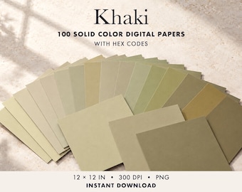 May include: A collection of 100 solid colour digital papers in various shades of khaki, arranged in a fan shape. The text reads Khaki, 100 Solid Colour Digital Papers with Hex Codes, 12 x 12 in, 300 DPI, PNG, and Instant Download.