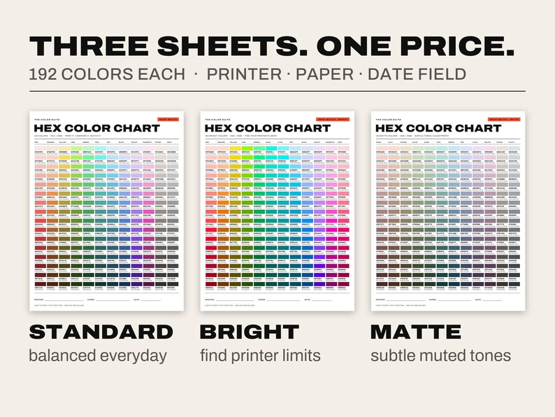 HEX Color Chart Printable, 3 Sheets, RGB Codes, Print Test, Graphic ...
