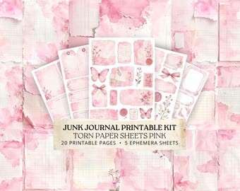 Pink Torn Paper Junk Journal Kit, Blush Watercolor Ephemera Printable, Rose Scrapbook Pack