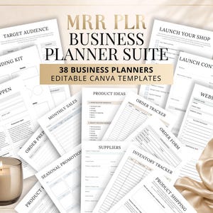 May include: A collection of white business planner templates with black text, including titles like MRR PLR BUSINESS PLANNER SUITE, TARGET AUDIENCE, BRANDING KIT, LAUNCH YOUR SHOP, PRODUCT IDEAS, ORDER TRACKER, and INVENTORY TRACKER, next to a lit candle.