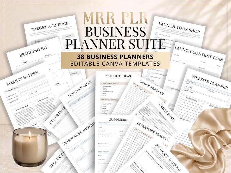 May include: A collection of white business planner templates with black text, including titles like MRR PLR BUSINESS PLANNER SUITE, TARGET AUDIENCE, BRANDING KIT, LAUNCH YOUR SHOP, PRODUCT IDEAS, ORDER TRACKER, and INVENTORY TRACKER, next to a lit candle.