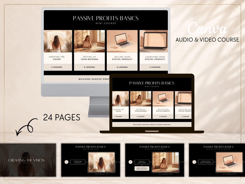 May include: A digital course template titled Passive Profits Basics displayed on a computer monitor and laptop screen. The layout features four modules: Creating the Vision, Setting Up Your Backend, Selling Your Digital Product, and Launching Your Digital Product, with 24 pages total.