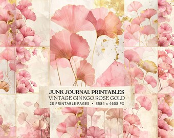 Pink Ginkgo Junk Journal Pages, Rose Gold Botanical Printable, Elegant Floral Scrapbook Pack