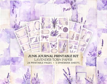Lavender Junk Journal Kit, Purple Ephemera Printable Pages, Torn Paper Scrapbook Pack
