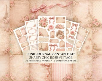 French Vintage Printable Paper, Rose Junk Journal Ephemera Kit, Carte Postale Scrapbook