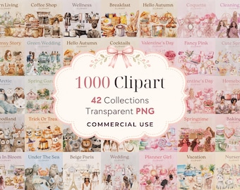 May include: A digital collection of 1000 watercolor clipart images organized into 42 distinct themes, including animals, seasonal scenes, and lifestyle motifs. The central text reads 1000 Clipart, 42 Collections, Transparent PNG, Commercial Use.
