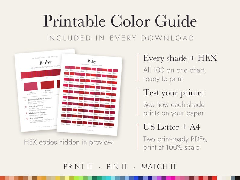 May include: A printable colour guide featuring a Ruby red palette with 100 shades on a chart. The document includes text: Printable Colour Guide, Ruby, Every shade + HEX, Test your printer, US Letter + A4, and instructions for matching colours.