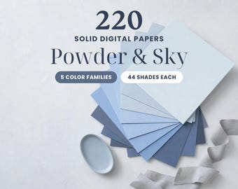May include: A collection of 220 solid digital papers titled Powder & Sky, featuring 5 colour families with 44 shades each. The image displays a fan of square blue paper sheets in various tones, an oval light blue dish, and a grey ribbon.