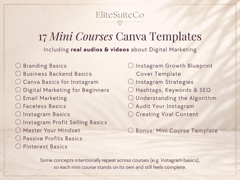 May include: A digital document titled 17 Mini Courses Canva Templates by EliteSuiteCo. It lists seventeen course topics including Branding Basics, Instagram Growth Blueprint, and Digital Marketing for Beginners, with checkboxes next to each item.