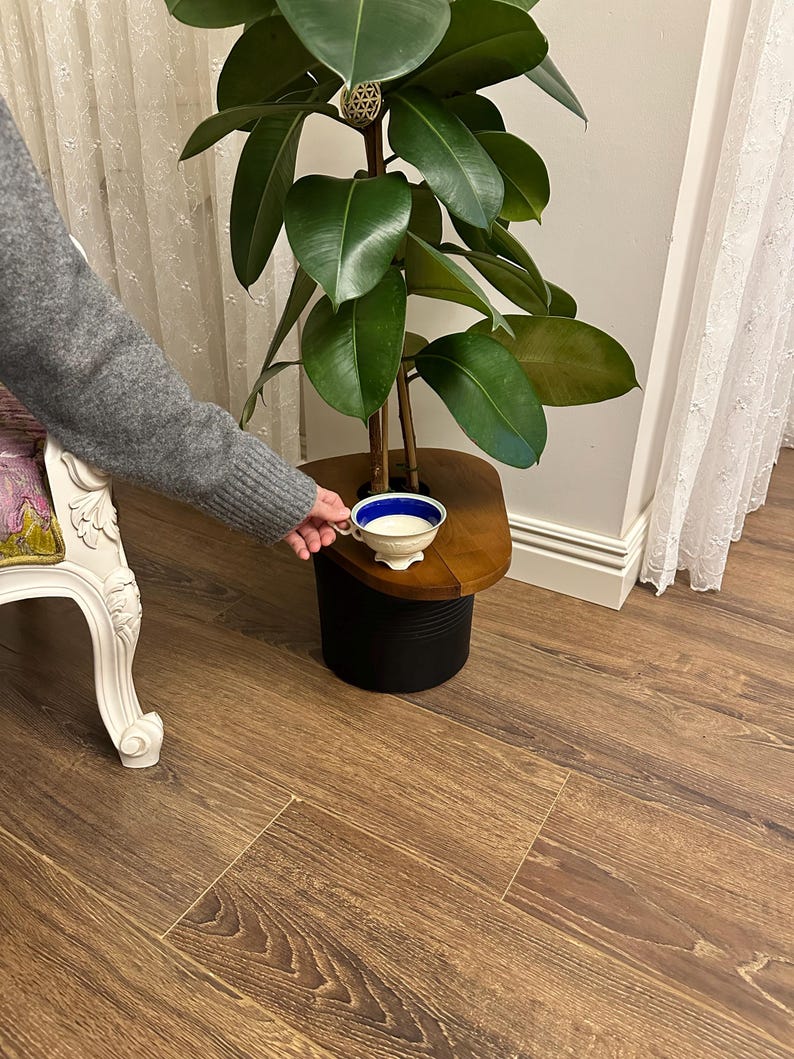 K&ouml;nnte beinhalten: Eine kleine, wei&szlig;e Teetasse mit blauem Rand steht auf einem h&ouml;lzernen Beistelltisch neben einer gro&szlig;en Pflanze mit gr&uuml;nen Bl&auml;ttern. Der Tisch wird von einem schwarzen Sockel getragen. Der Boden ist ein warmer, brauner Laminatboden in Holzoptik.