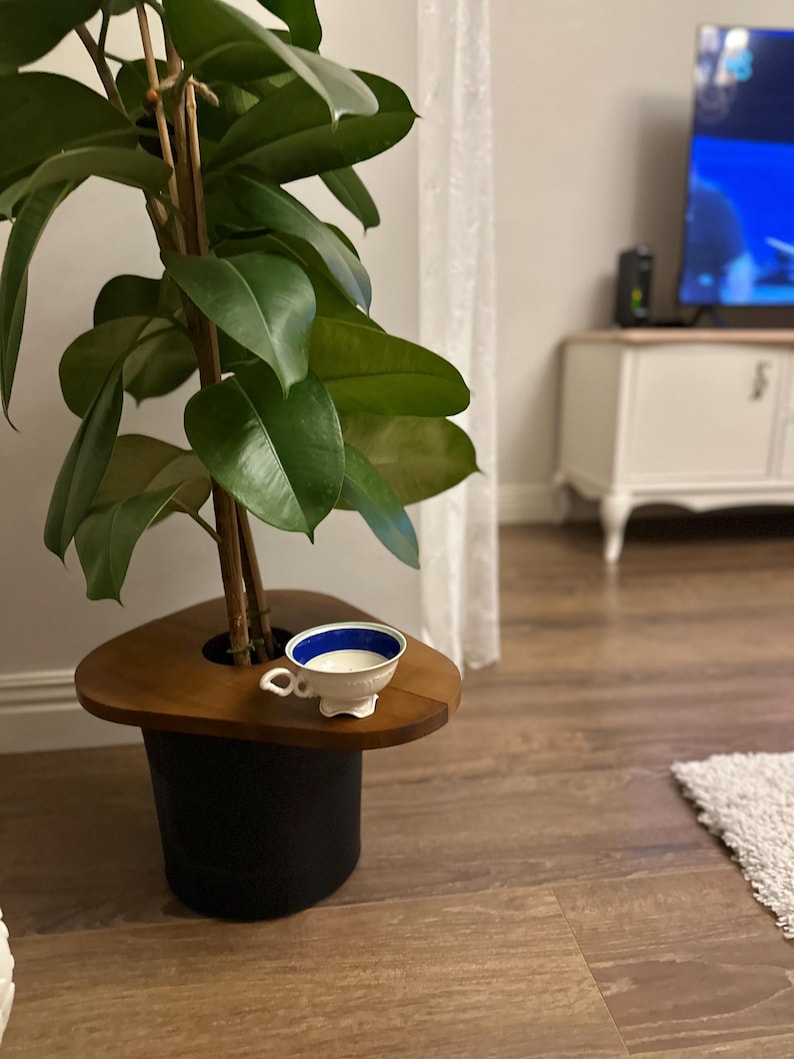K&ouml;nnte beinhalten: Eine Topfpflanze mit gro&szlig;en, gr&uuml;nen Bl&auml;ttern und einem h&ouml;lzernen Pflanzenst&auml;nder. Eine kleine, wei&szlig;e Teetasse mit blauem Rand steht auf dem St&auml;nder. Der Blumentopf ist schwarz und der St&auml;nder ist braun.