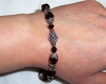 Vintage dark red and AB crystals bracelet with daisy charm. Sterling silver or sterling plated. Read description.