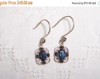 CLEARANCE SALE 45% OFF Vintage Blue Rhinestones and marcasite earrings. Sterling silver.