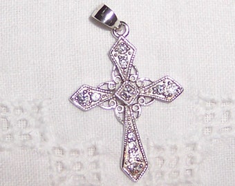 Vintage Clear Cubic zirconias cross pendant. Sterling silver.