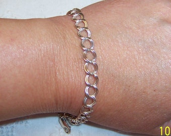 Vintage Double Links bracelet with heart charm. Sterling silver.