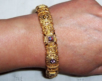 Vintage multi gems Etruscan style bracelet. Yellow gold over sterling silver. Signed.