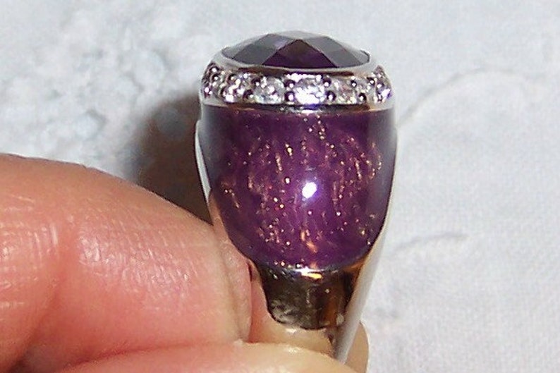 EXTENDED SALE 20/% OFF Vintage Purple and Clear cubic zirconias and enamel chunky ring Sterling silver.