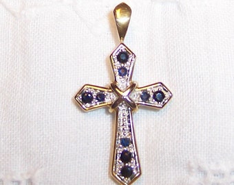 Vintage Dark Blue stones Cross pendant. Sterling silver.