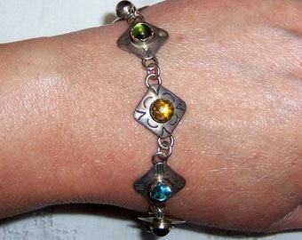 Vintage Native Indian multi gems bracelet. Sterling silver. Signed.