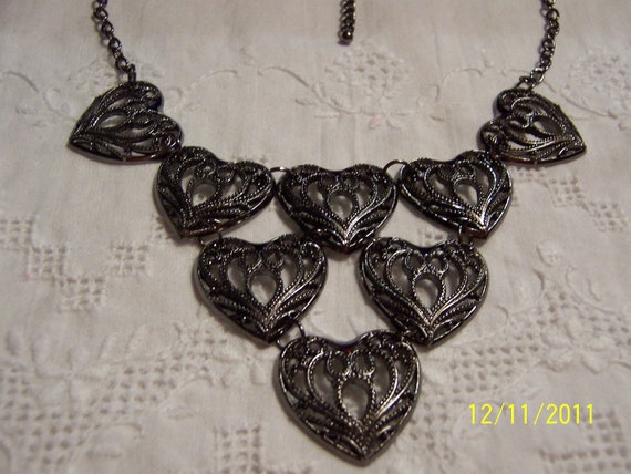 Vintage Style Filigree hearts necklace. Gun metal… - image 2