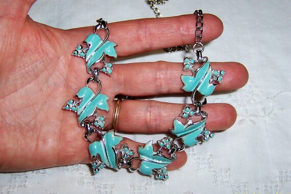 Vintage turquoise enamel leaves necklace and earr… - image 3