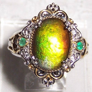 Vintage designer Michael Valitutti ammolite and emerald ring, size 10. Sterling silver and yellow gold. image 1