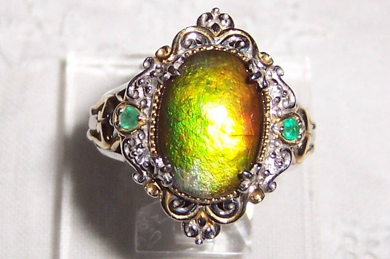Vintage designer Michael Valitutti ammolite and emerald ring, size 10. Sterling silver and yellow gold. image 1