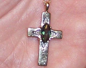 Vintage Mystic Topaz Cross necklace with diamond accent. 10k yell. gold.