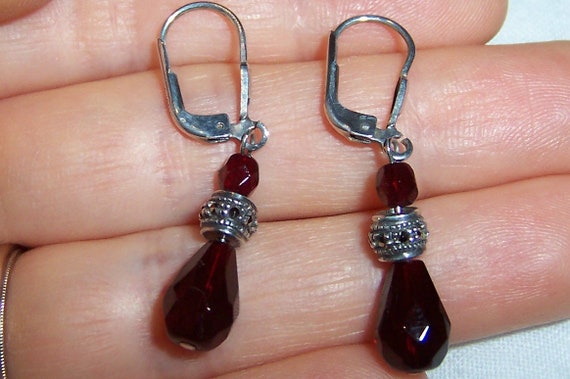 Vintage Dark Red glass and marcasite earrings. St… - image 2