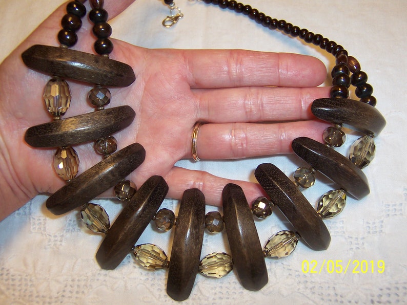 Sterling silver. SPRING SALE 20/% OFF Elongated wood and crystal necklace