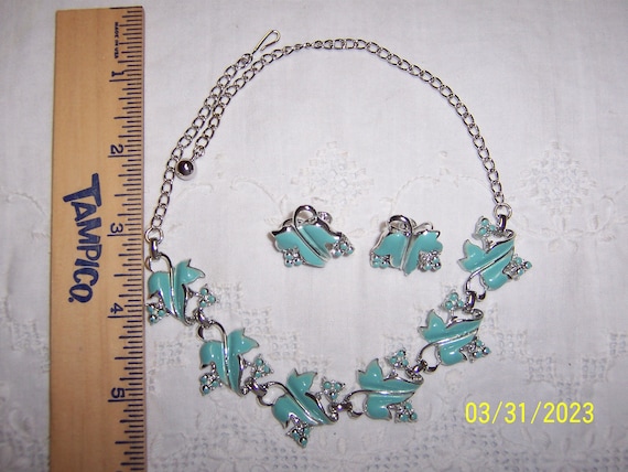 Vintage turquoise enamel leaves necklace and earr… - image 1