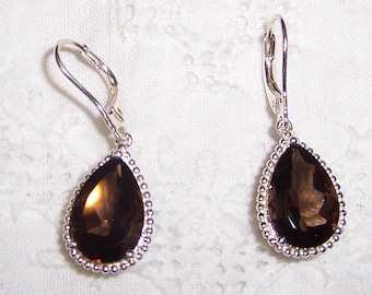 Vintage Pear Smoky quartz earrings. Sterling silver.