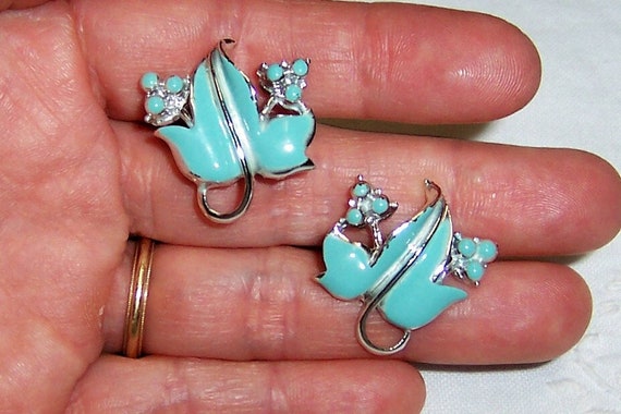 Vintage turquoise enamel leaves necklace and earr… - image 4