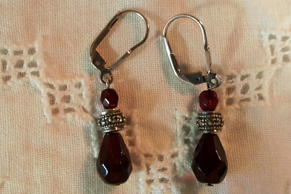 Vintage Dark Red glass and marcasite earrings. St… - image 3