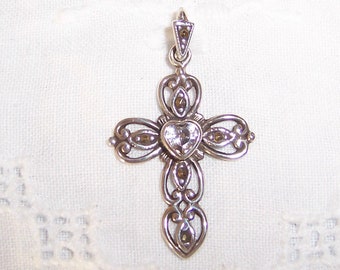 Vintage Clear Cubic zirconia heart Cross pendant. Sterling silver.