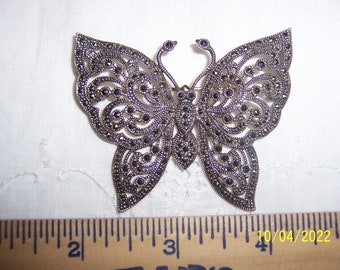 Vintage huge marcasite butterfly brooch. Sterling silver.