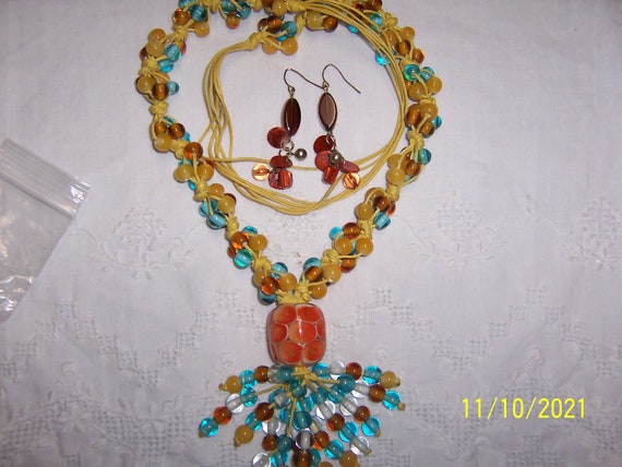 Vintage lamp work glass handmade necklace and ear… - image 1