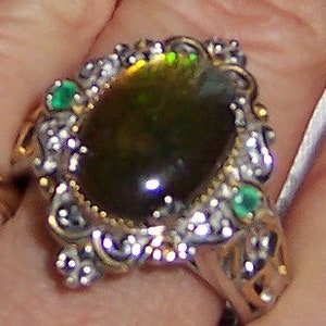 Vintage designer Michael Valitutti ammolite and emerald ring, size 10. Sterling silver and yellow gold. image 2