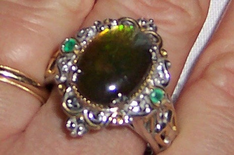 Vintage designer Michael Valitutti ammolite and emerald ring, size 10. Sterling silver and yellow gold. image 2