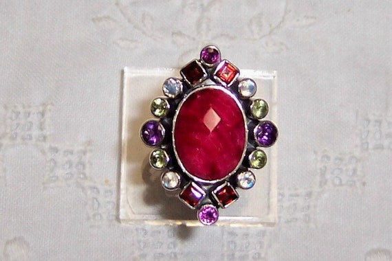 Vintage opaque ruby and multi gems ring, size 12.… - image 1