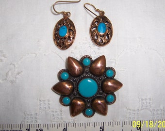 Vintage solid copper and turquoise brooch and earrings set. Read description before buying.