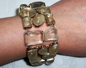 Vintage rutilated quartz big and chunky bracelet. Sterling silver.