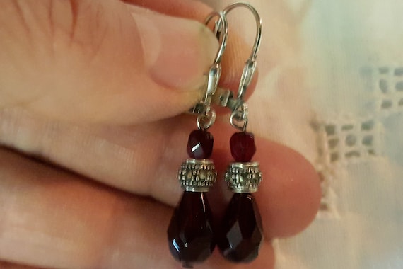 Vintage Dark Red glass and marcasite earrings. St… - image 1