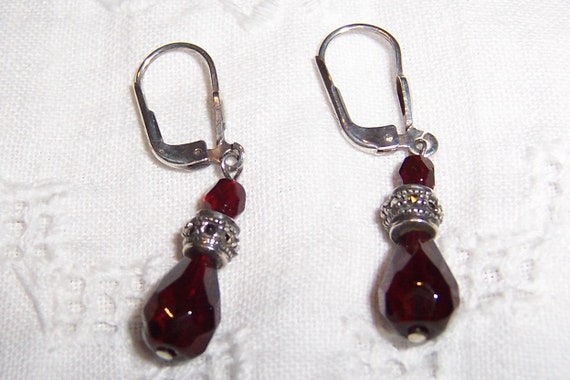 Vintage Dark Red glass and marcasite earrings. St… - image 5