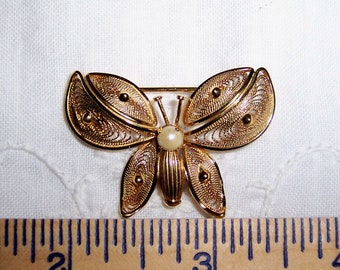 Vintage filigree with pearl butterfly brooch. 12 K gold filled.