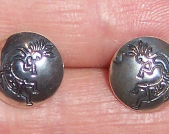 Vintage Kokopelli Native Indian round earrings. Sterling silver.