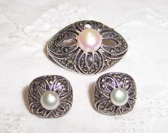 Your choice of vintage marcasite and fresh water pearls brooch and earrings set, or just brooch. Sterling silver.