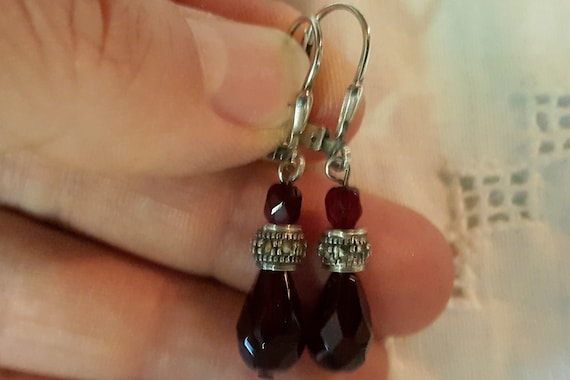 Vintage Dark Red glass and marcasite earrings. St… - image 4