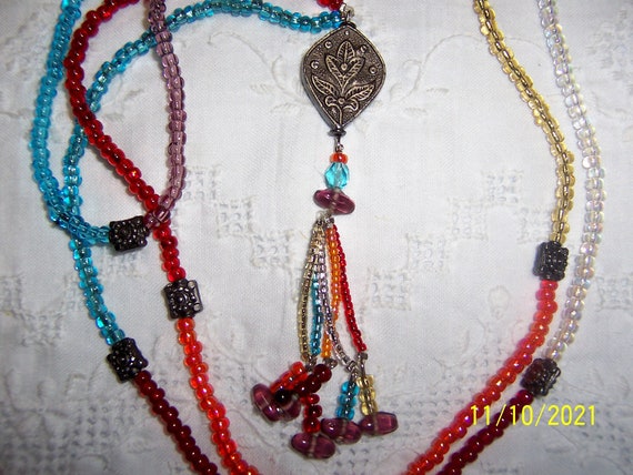 Vintage boho tribal glass beads long necklace and… - image 2